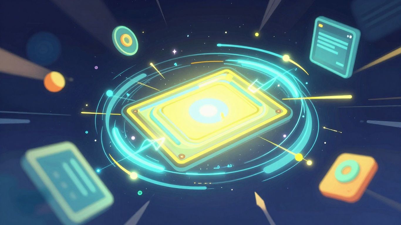 Futuristic video editing interface with glowing particles.