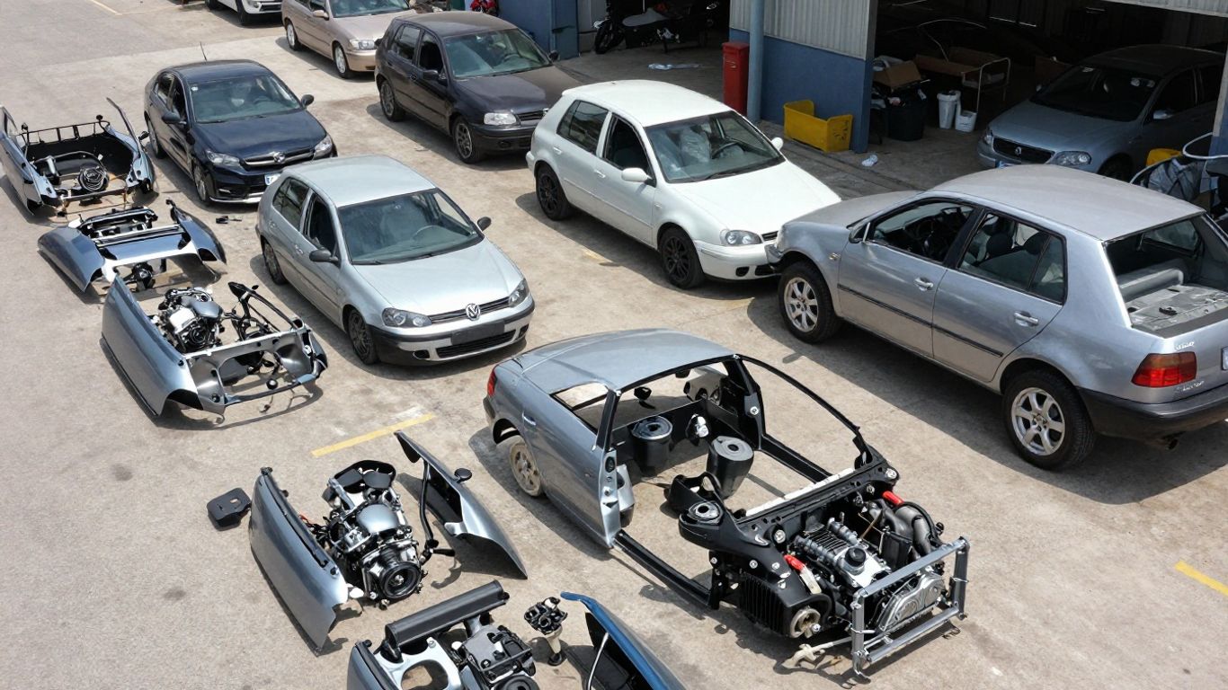 Volkswagen Golf MK6 parts in a recycling yard.