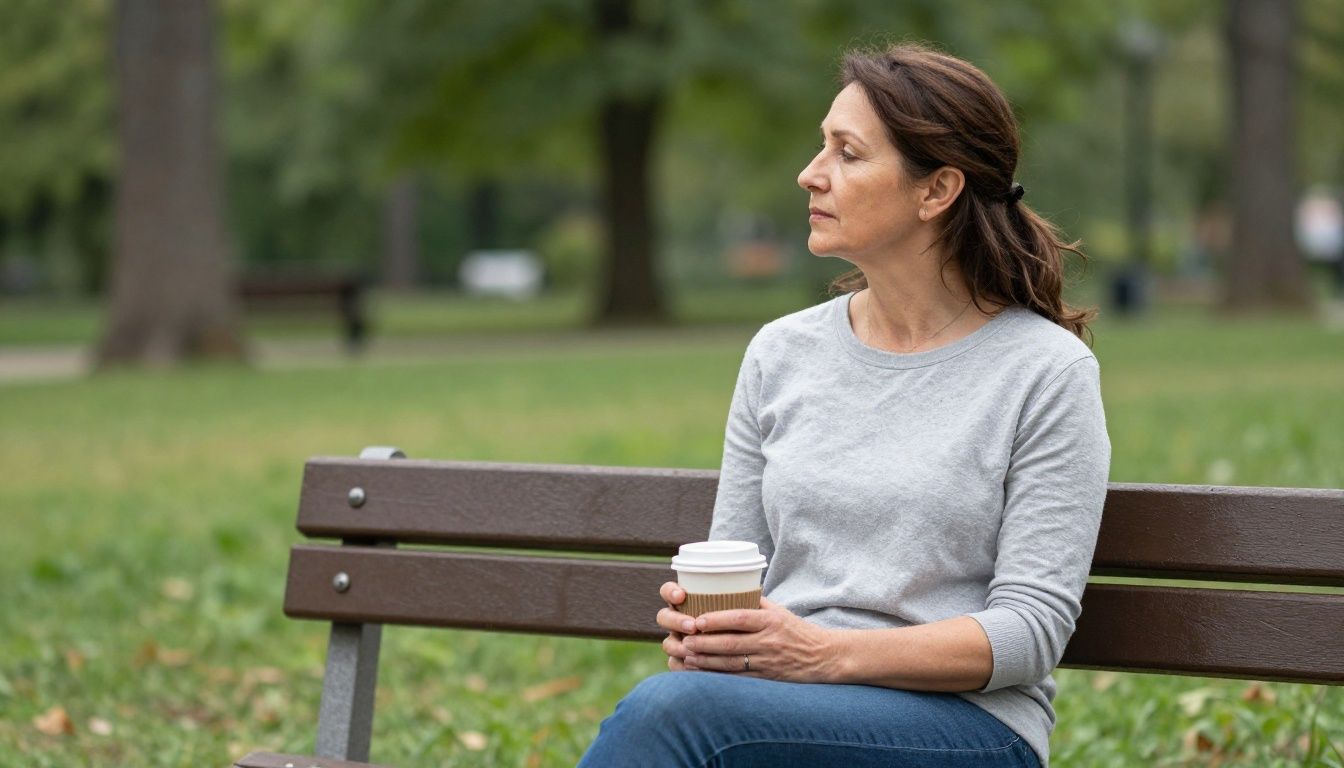 A middle-aged woman sits peacefully on a park bench, taking a moment for herself with a cup of coffee, representing a family caregiver finding a moment of respite.