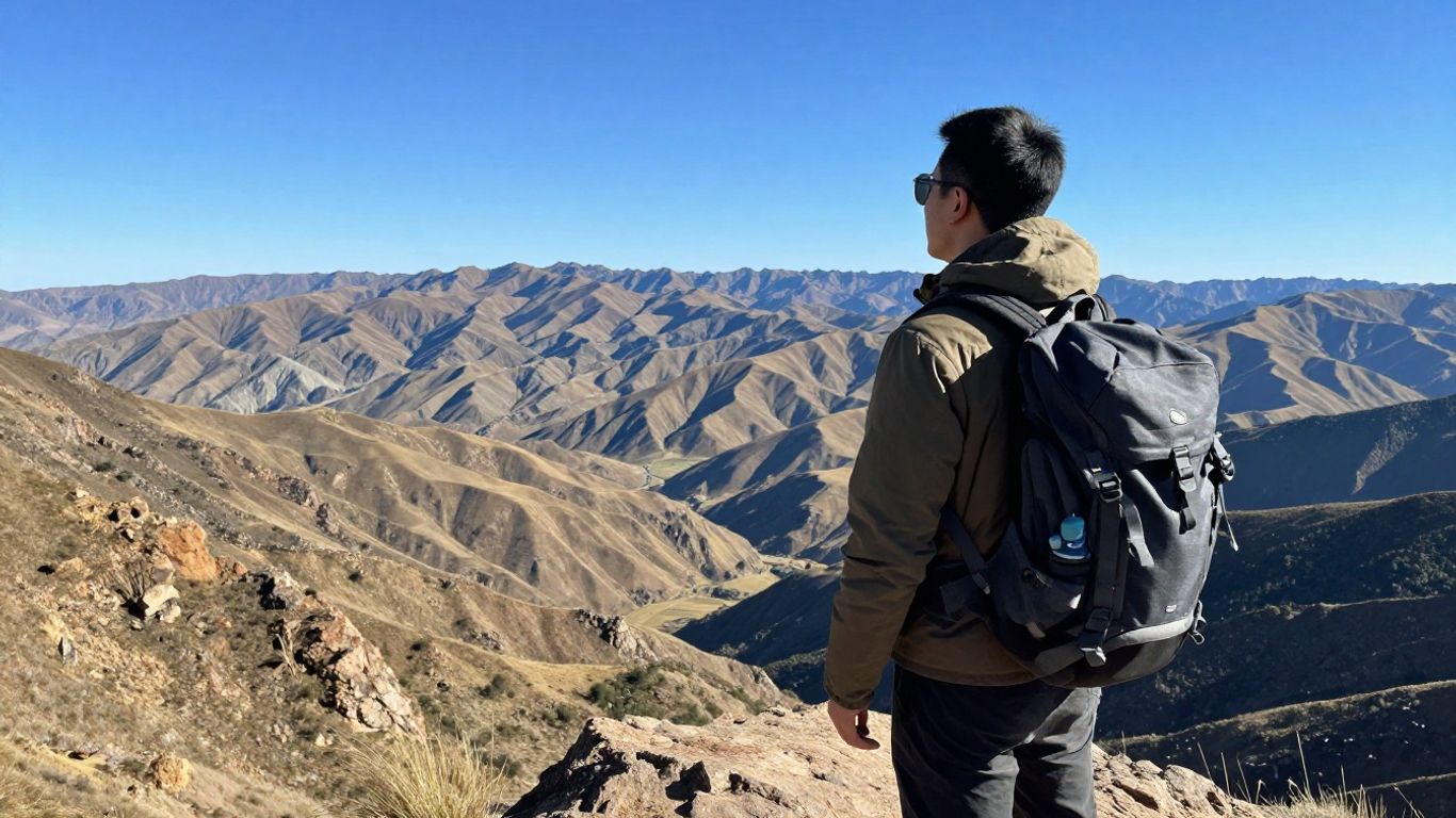 Solo traveler on scenic overlook, vast landscape.