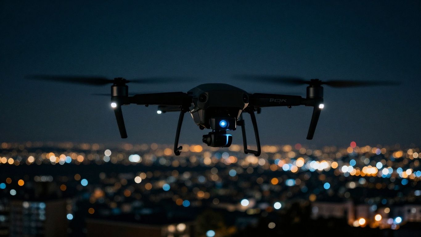 Drone flying at night with city lights below.