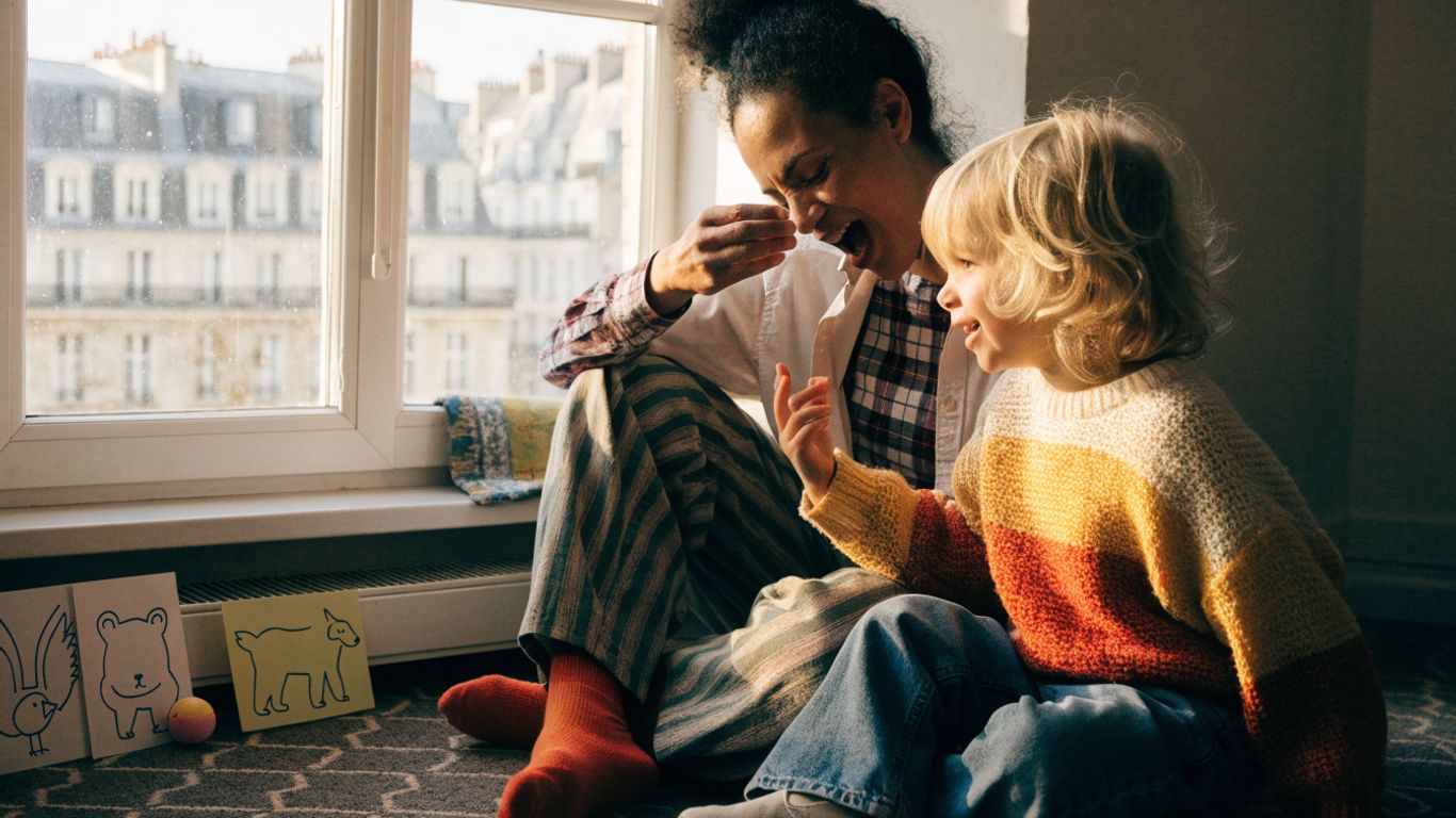 Parent et enfant chantent près d'une fenêtre