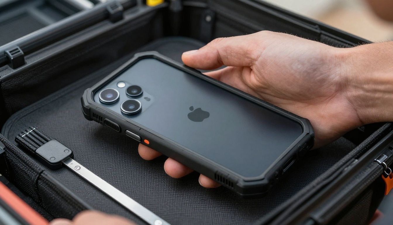 A tradie on a construction site in Sydney, pulling a rugged Galaxy S23 Ultra from their tool belt, showing the phone is protected by a heavy-duty case.