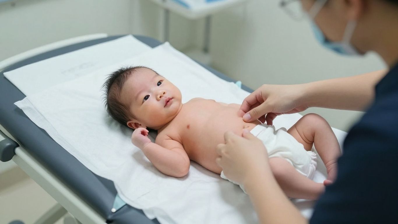 Profesional examinando suavemente el abdomen neonatal