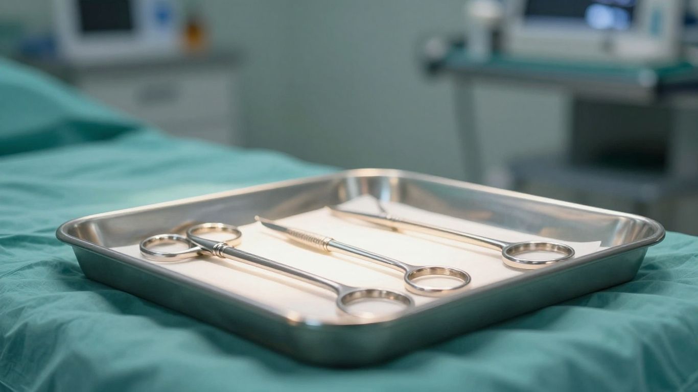 Instrumentos cirúrgicos em uma bandeja esterilizada.