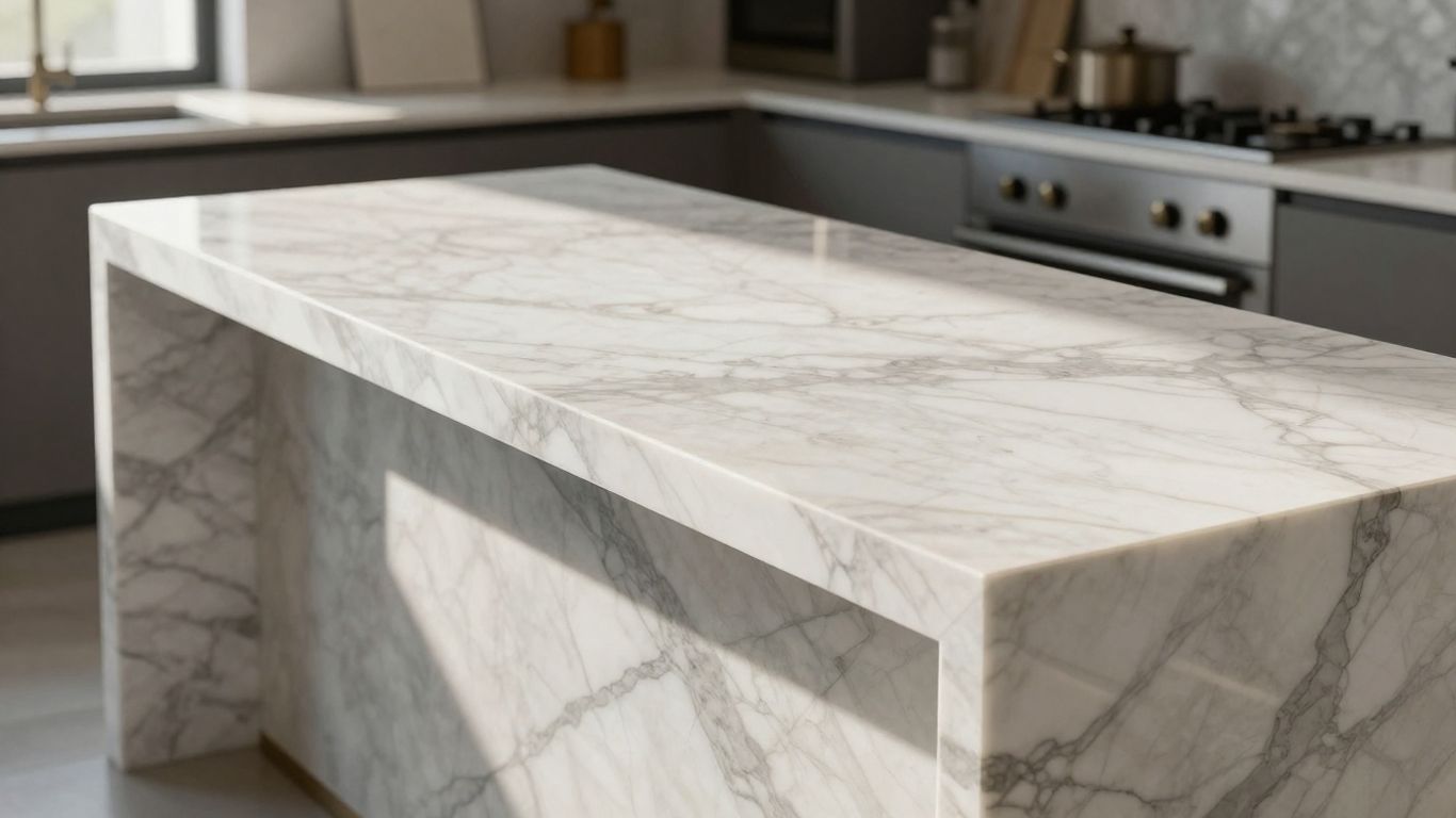 Elegant marble kitchen countertop with veining patterns.