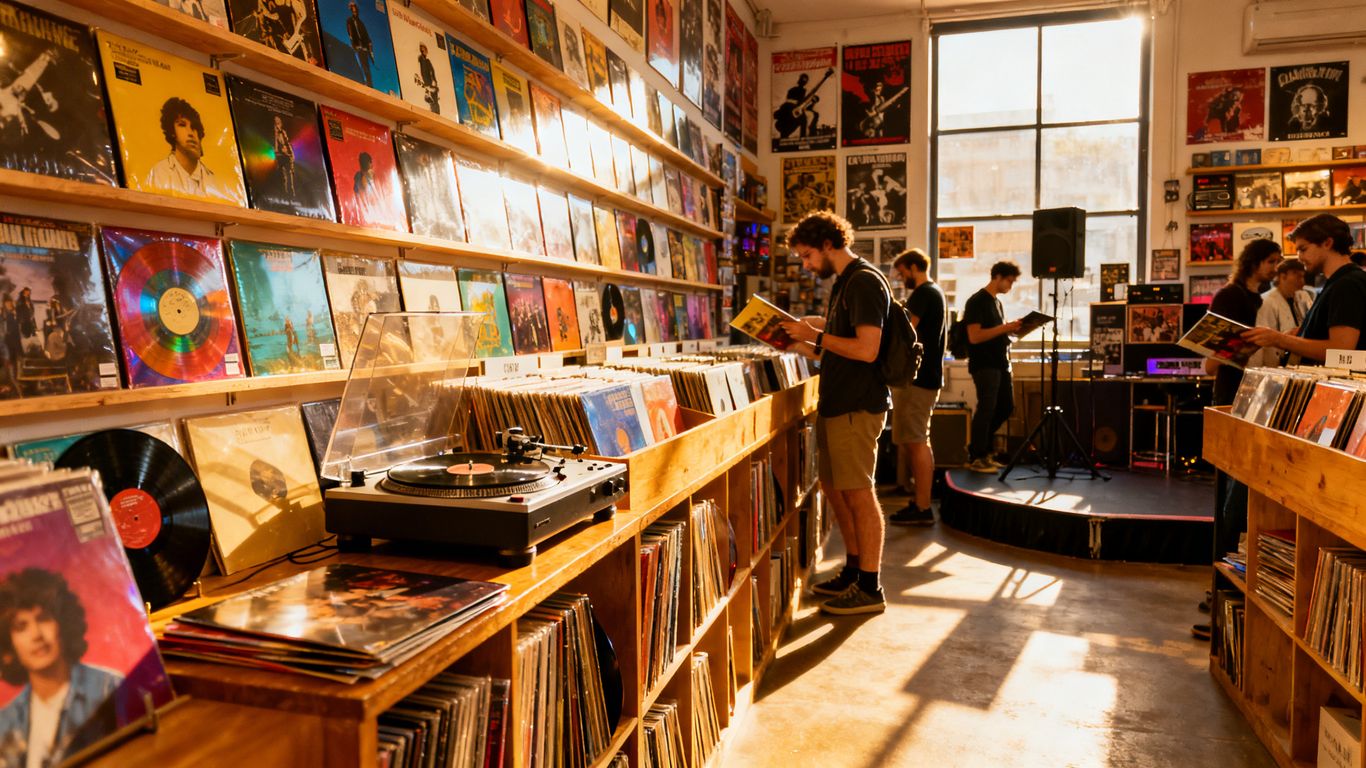 Vinyl records displayed in a vibrant Camden record store.