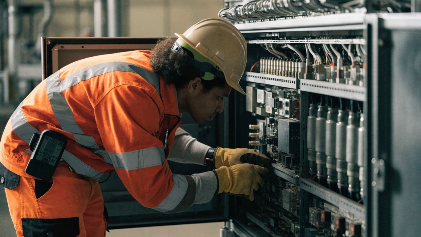 Engineer reviewing a microgrid control cabinet during maintenance