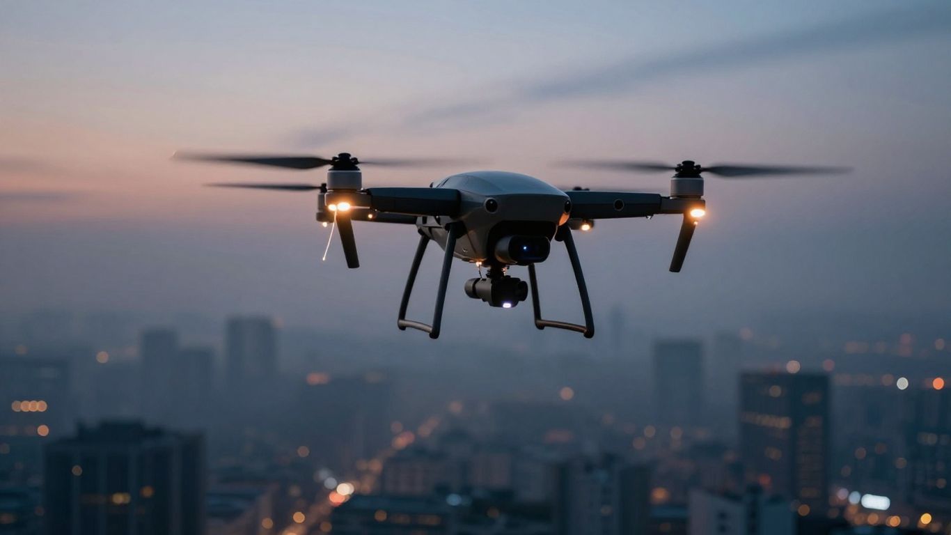 Drone with fiber optic cables flying over city.