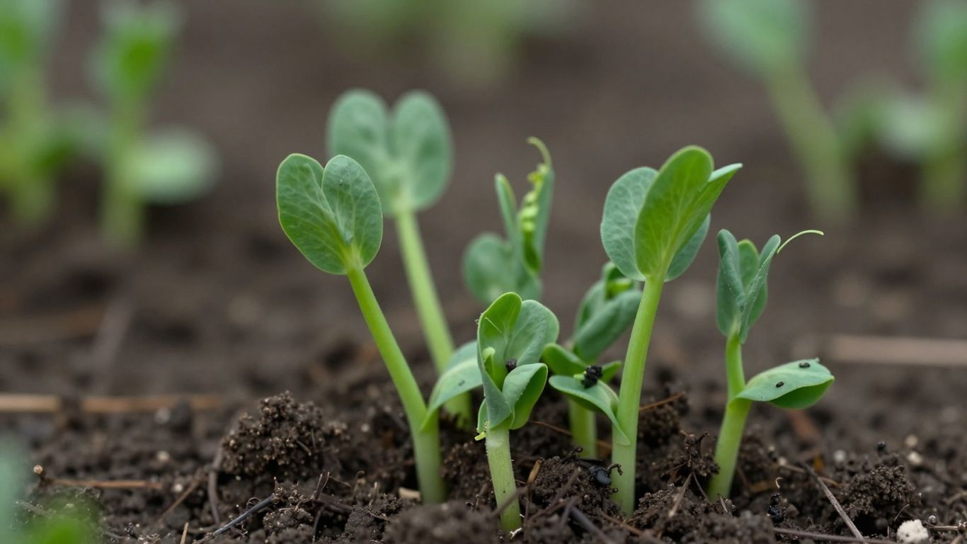 Erbsenpflanzen sprießen im März aus der Erde.