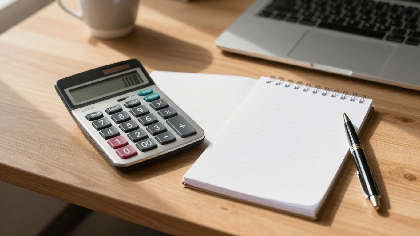 A notebook and calculator beside a laptop