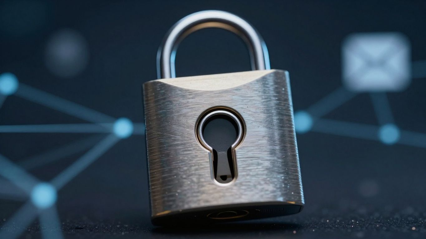 Digital lock with keyhole, abstract network background
