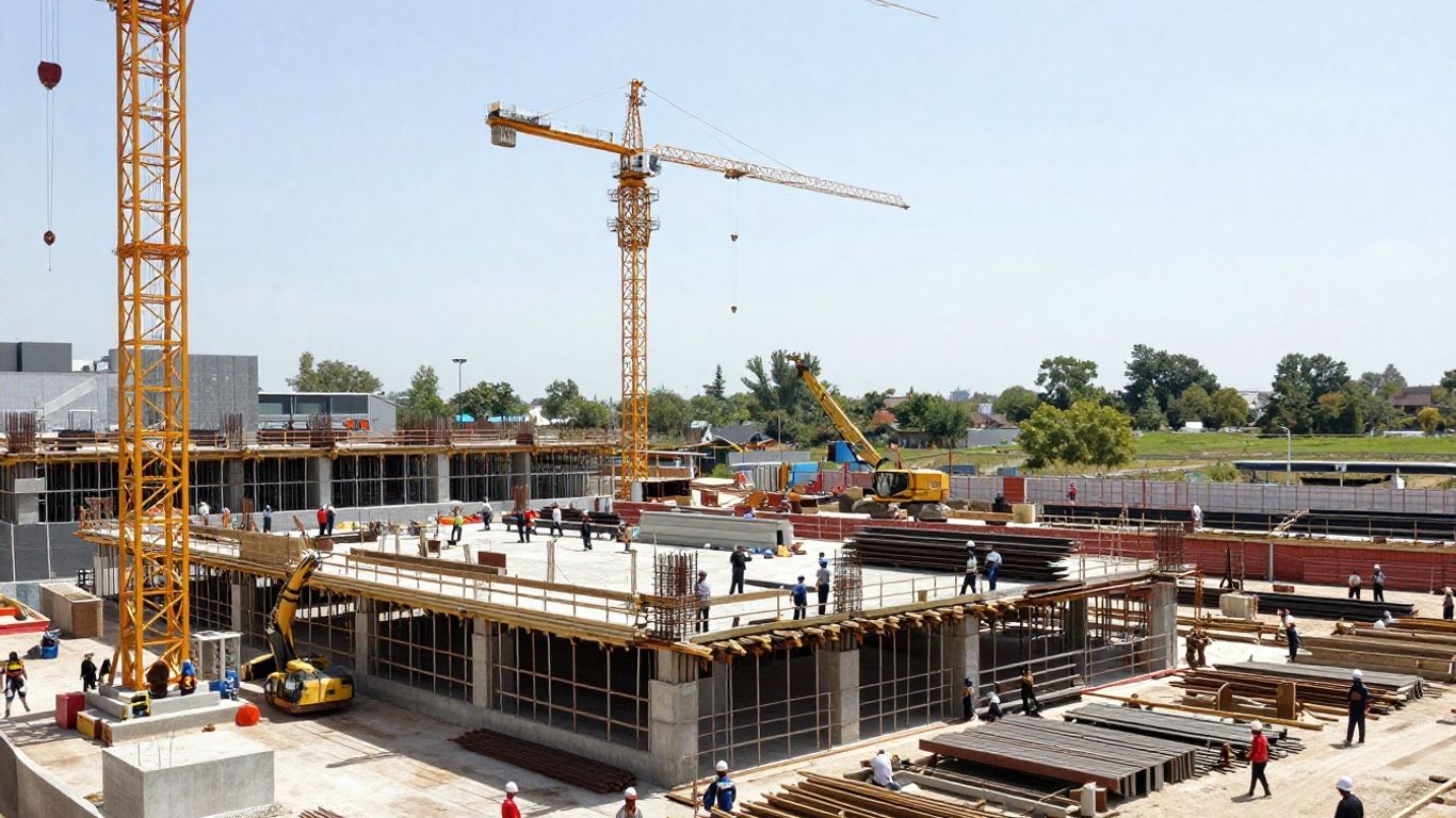 Construction site with cranes and workers building infrastructure.