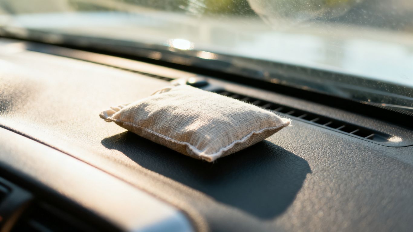 A small dehumidification bag placed on a dashboard
