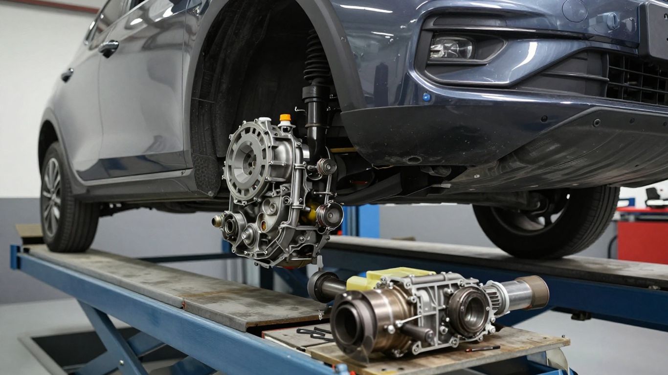Technician inspecting vehicle drivetrain underneath