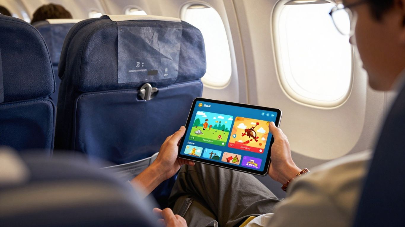 Person playing a game on a tablet on an airplane.