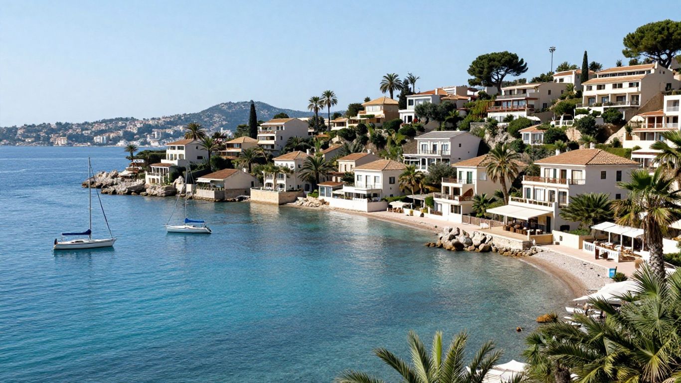 Cap d'Agde coastline with villas, apartments, and sailboats.
