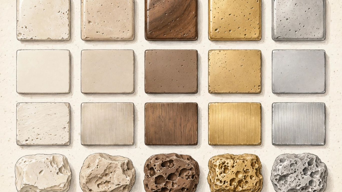 Travertine samples in several earthy finishes and colors