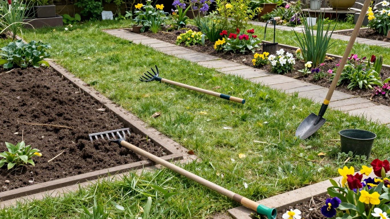 Garten im Frühling: Beete und Rasen bereit für die Saison.