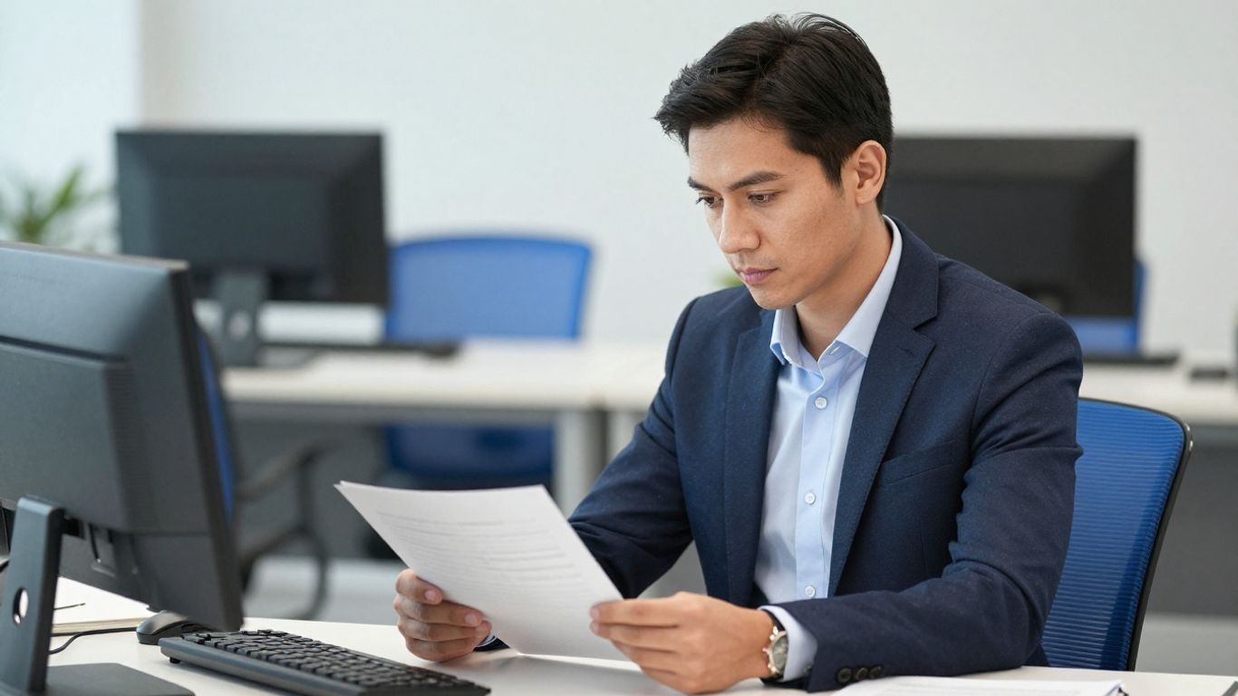 Person im Büro betrachtet Dokument