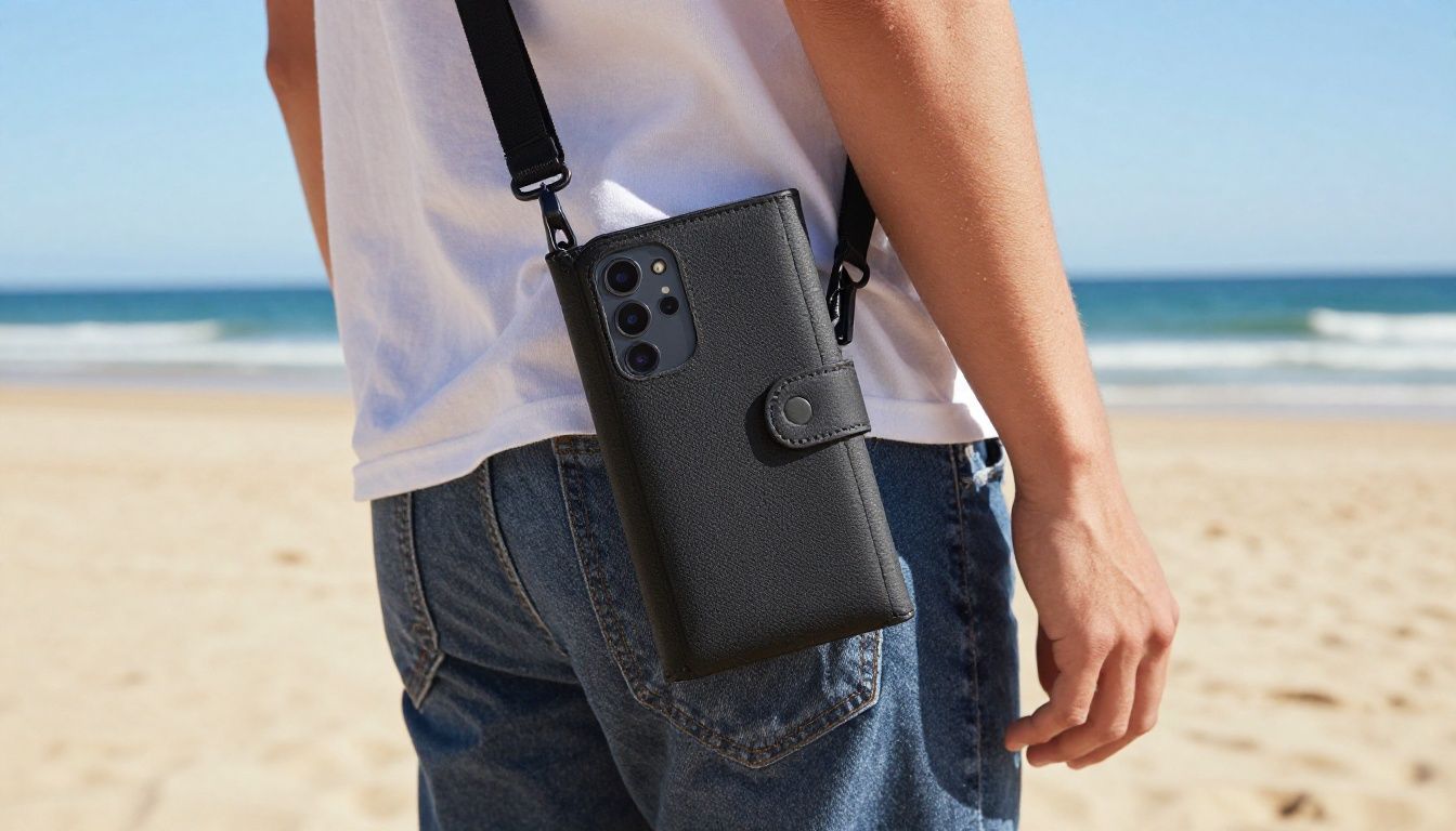 A person slipping their Galaxy S25 FE in a slim fabric wallet case into their back pocket before heading out for a walk along a sunny Australian beach.
