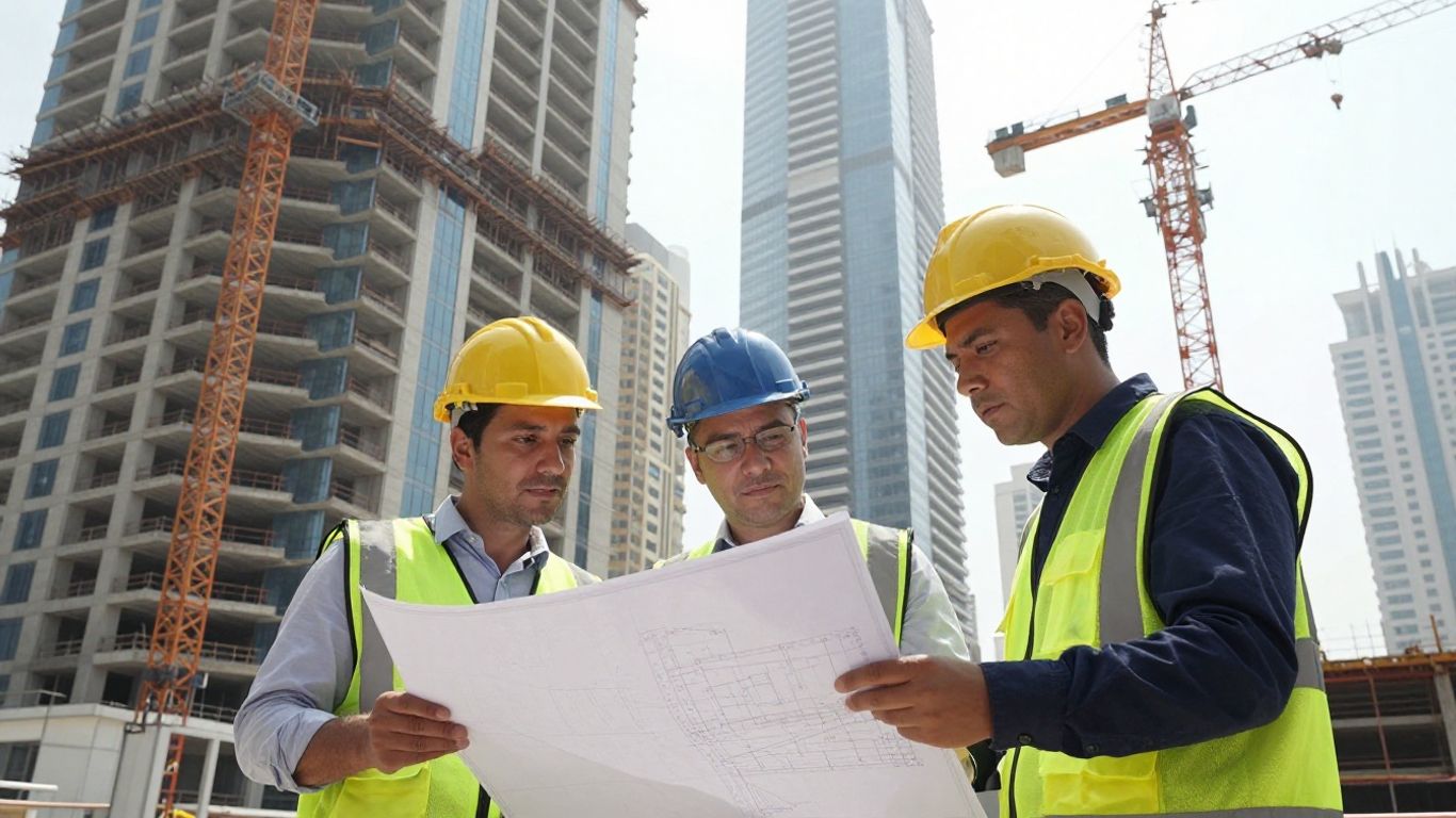 Engineers reviewing plans beside a Dubai high-rise site