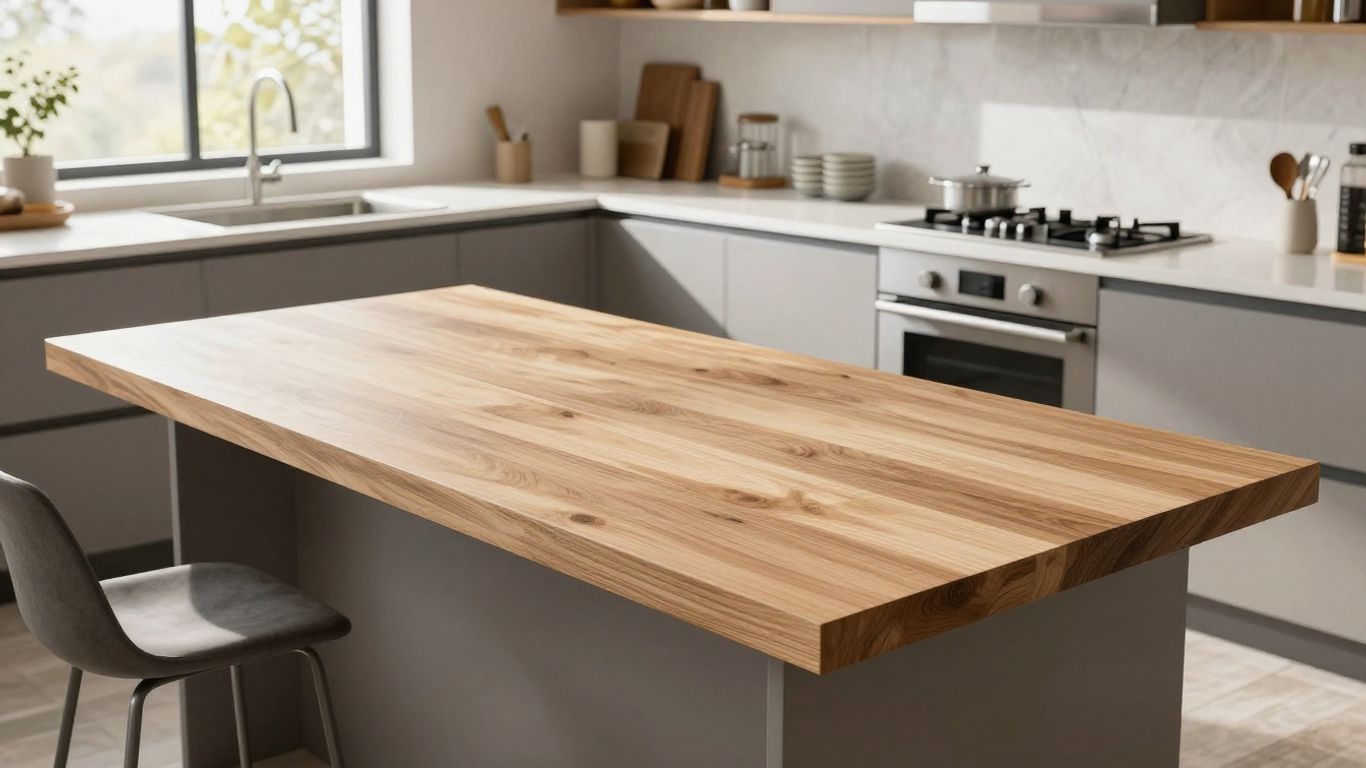 Various kitchen worktop materials and finishes on display.