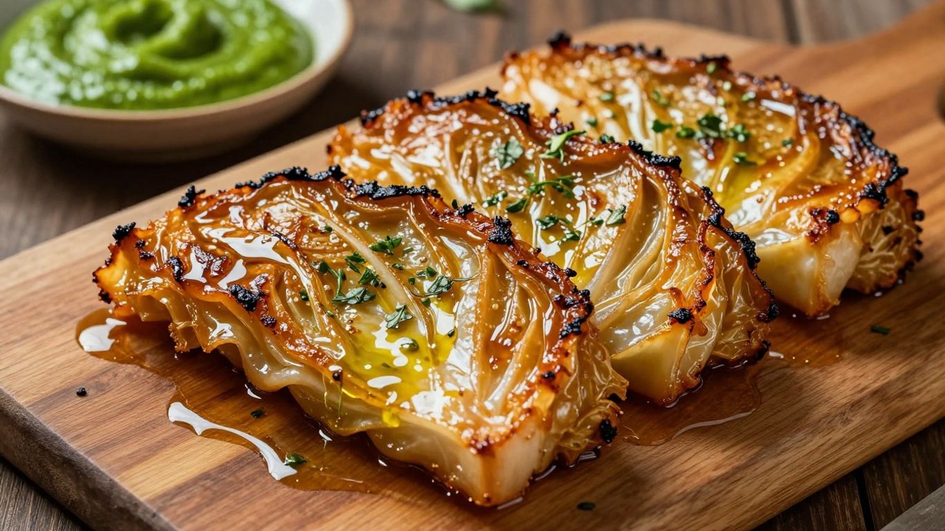 Caramelized cabbage steaks on a wooden board with herbs.