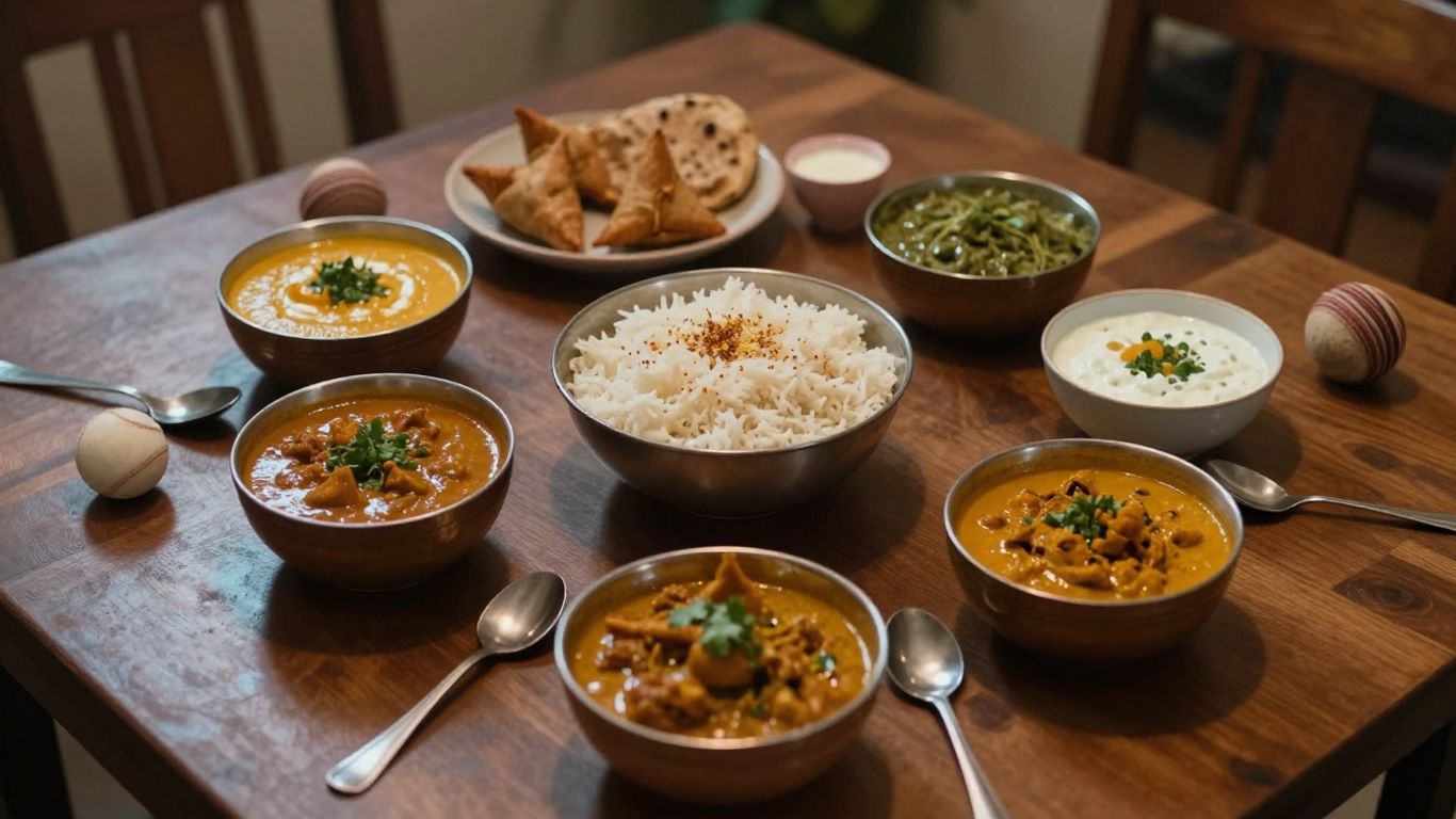 Indian cricket feast with shared dishes