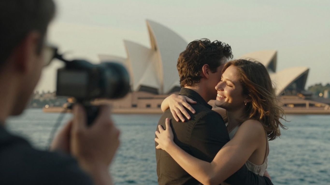 Videographer filming a happy couple with Sydney skyline backdrop.