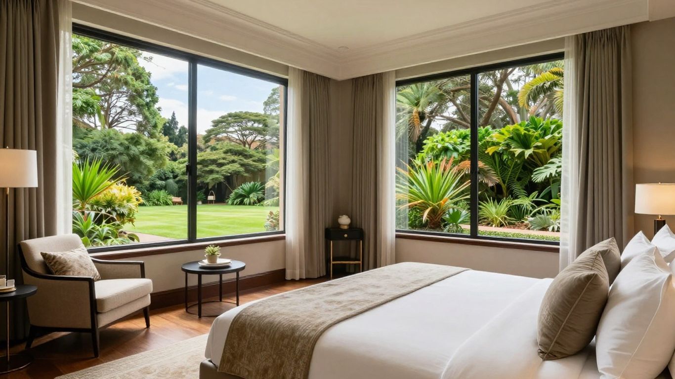 Luxury hotel room overlooking Sydney's Royal Botanic Gardens.