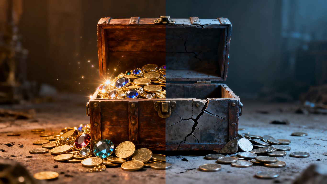 Split image: overflowing treasure chest vs. empty, cracked chest.