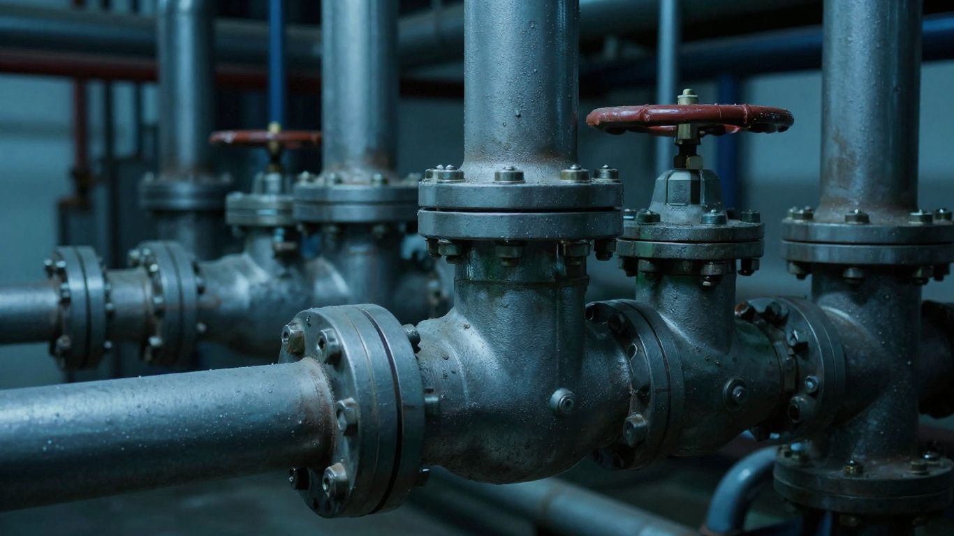 Industrial pipes and valves in a complex network.