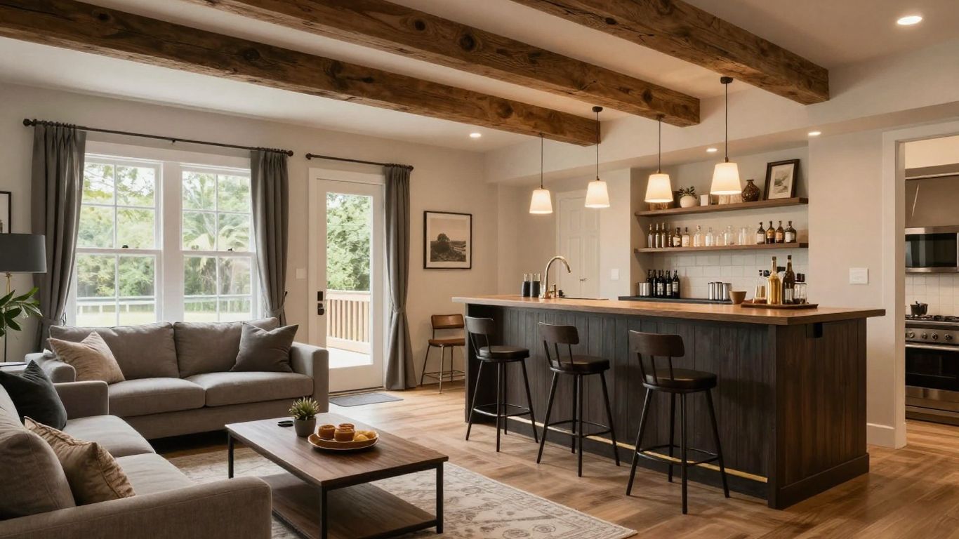 Finished basement with bar and seating area