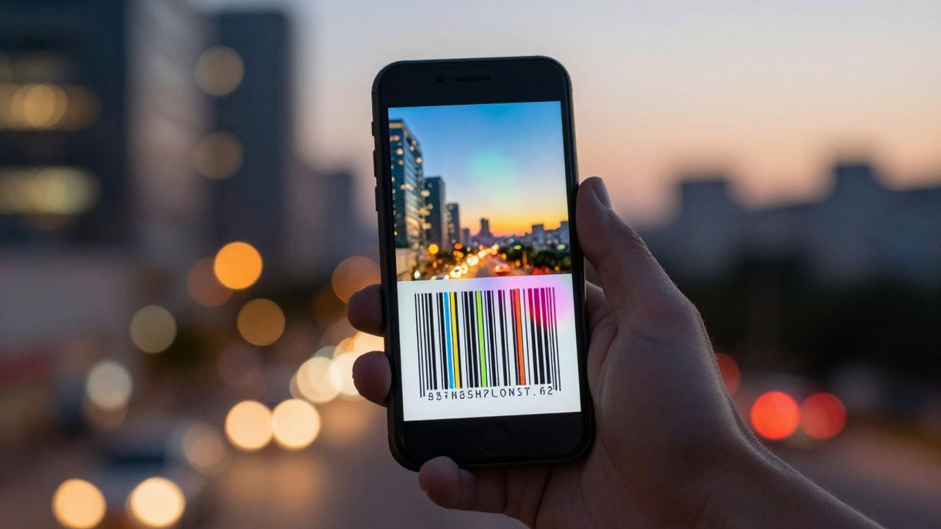 Smartphone scanning a colourful barcode with city lights in background.