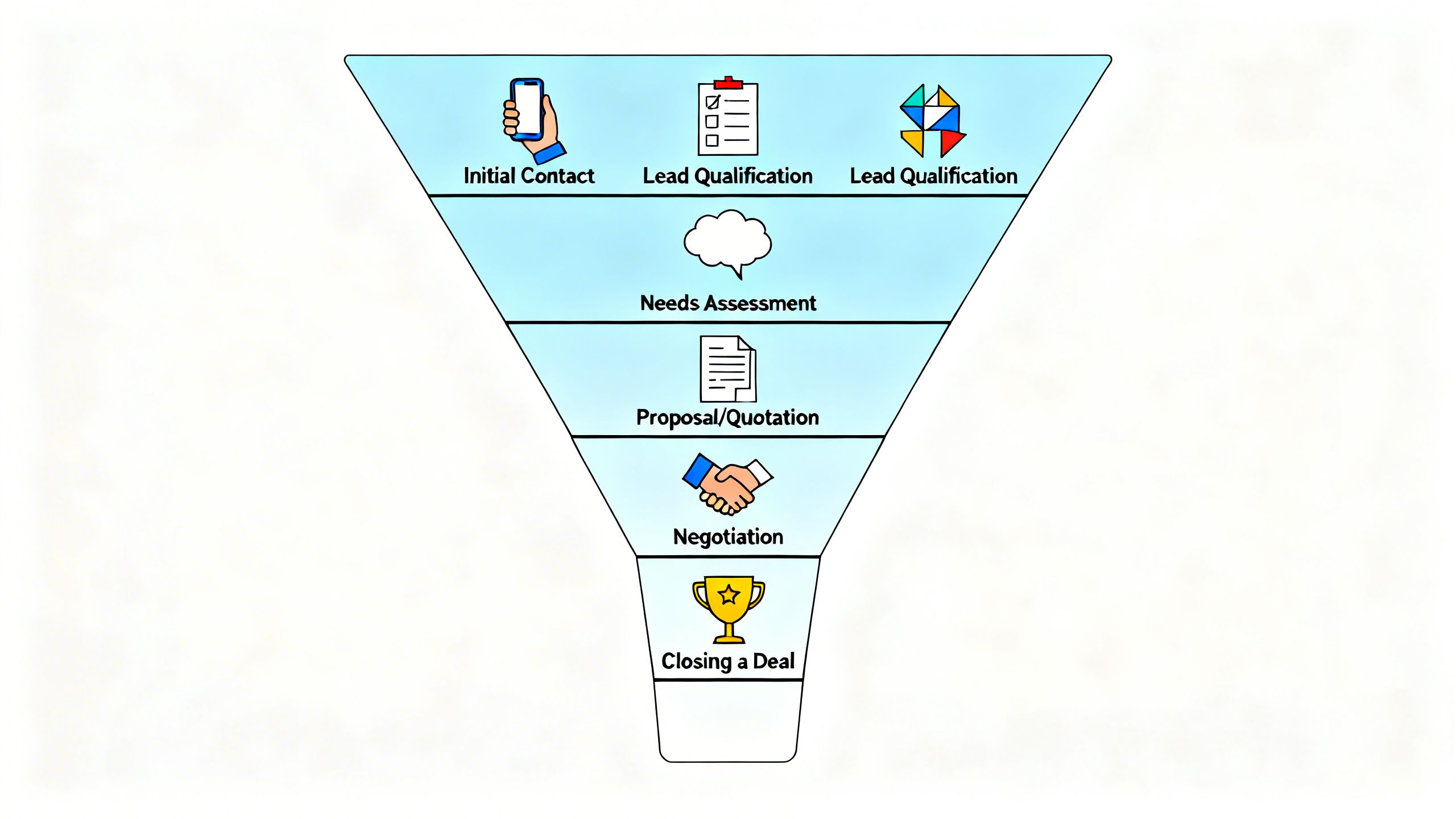 An abstract illustration of a sales funnel with icons representing different stages of lead management from initial contact to closing a deal.
