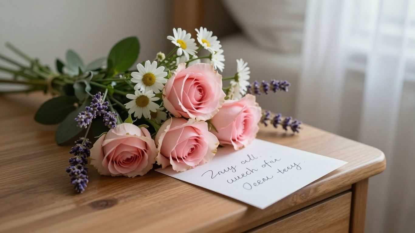 Thoughtful flowers beside a handwritten note