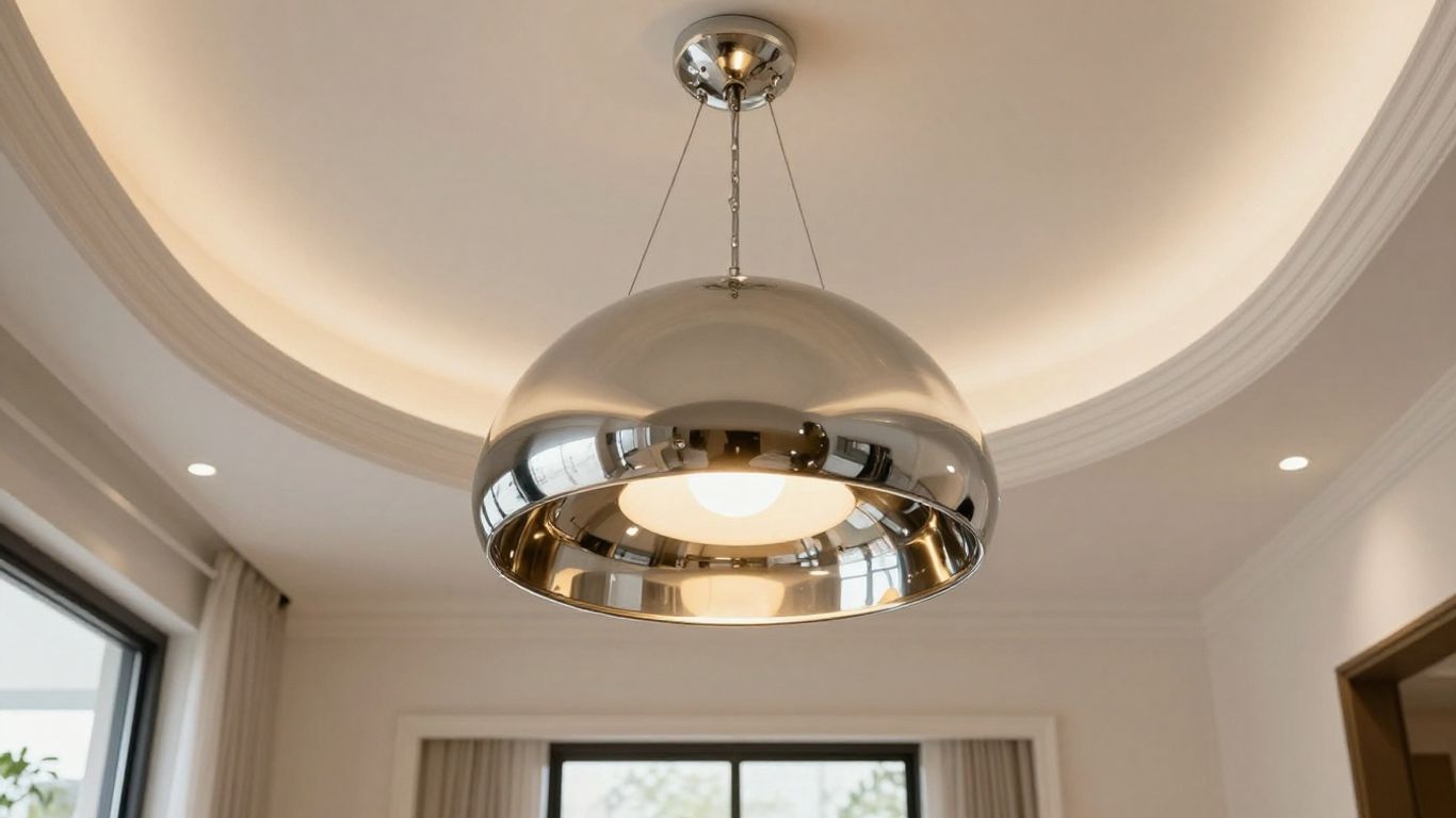 Aluminium dome industrial pendant light hanging from vaulted ceiling.