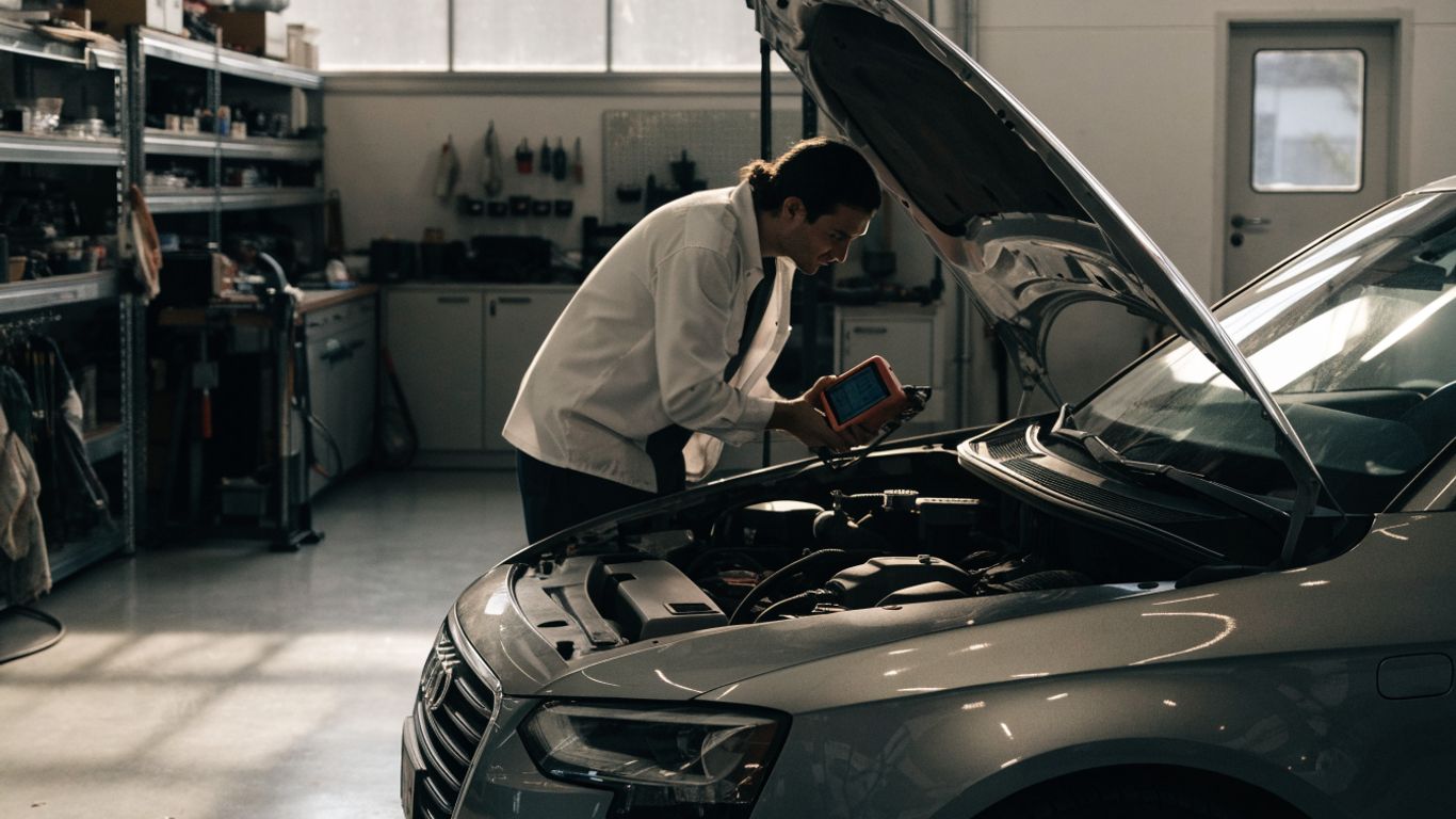 Audi being inspected in a clean repair workshop