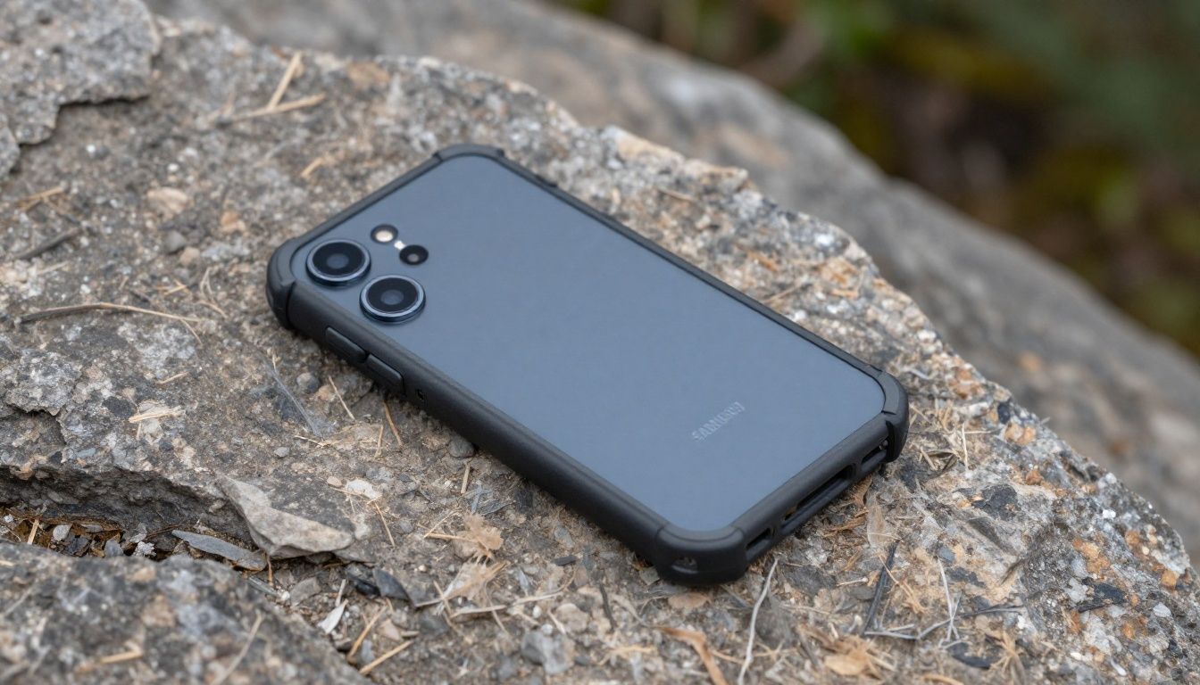 A person hiking in the Blue Mountains accidentally drops their Samsung Galaxy S26, which is protected by a rugged, heavy-duty case, onto a rocky path.