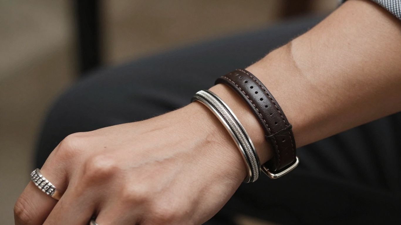 Man's hand with silver rings and leather bracelet.