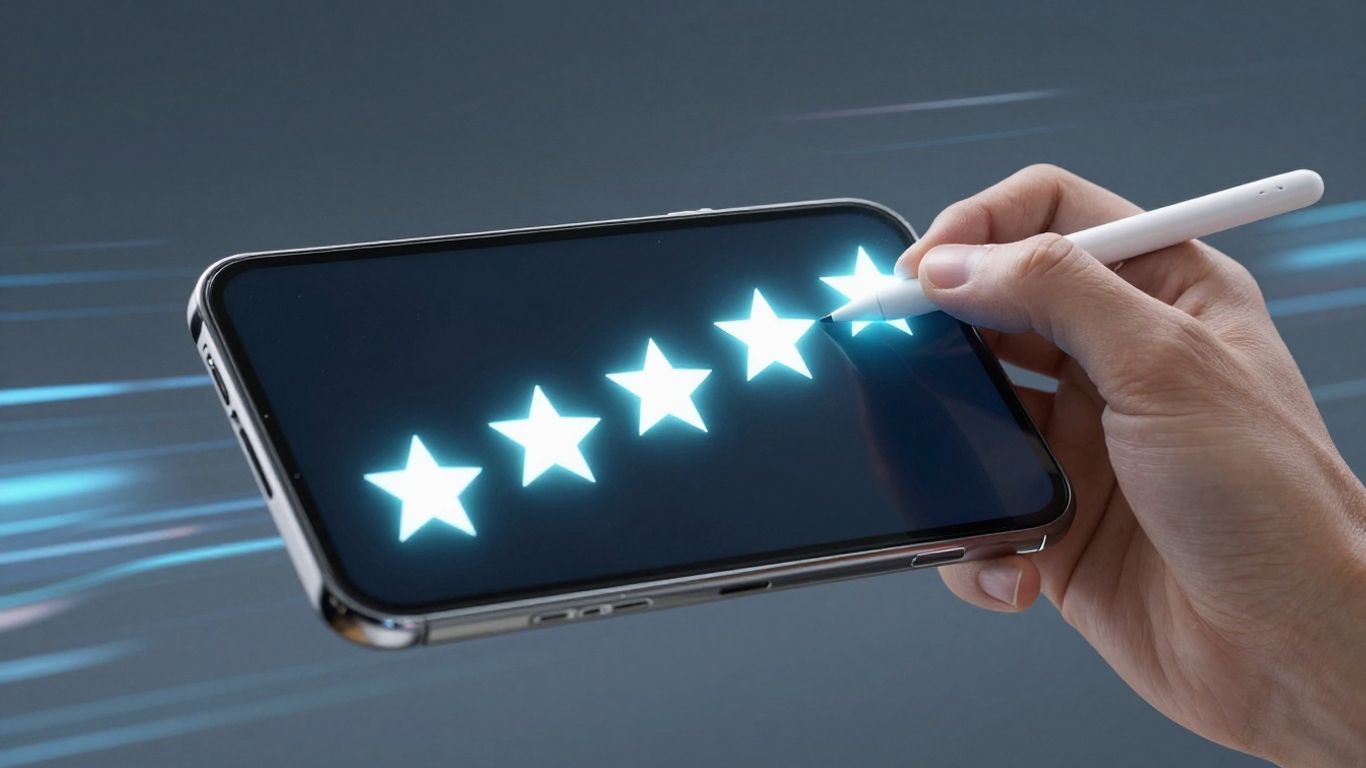 Smartphone showing five stars and a stylus interacting with a screen.