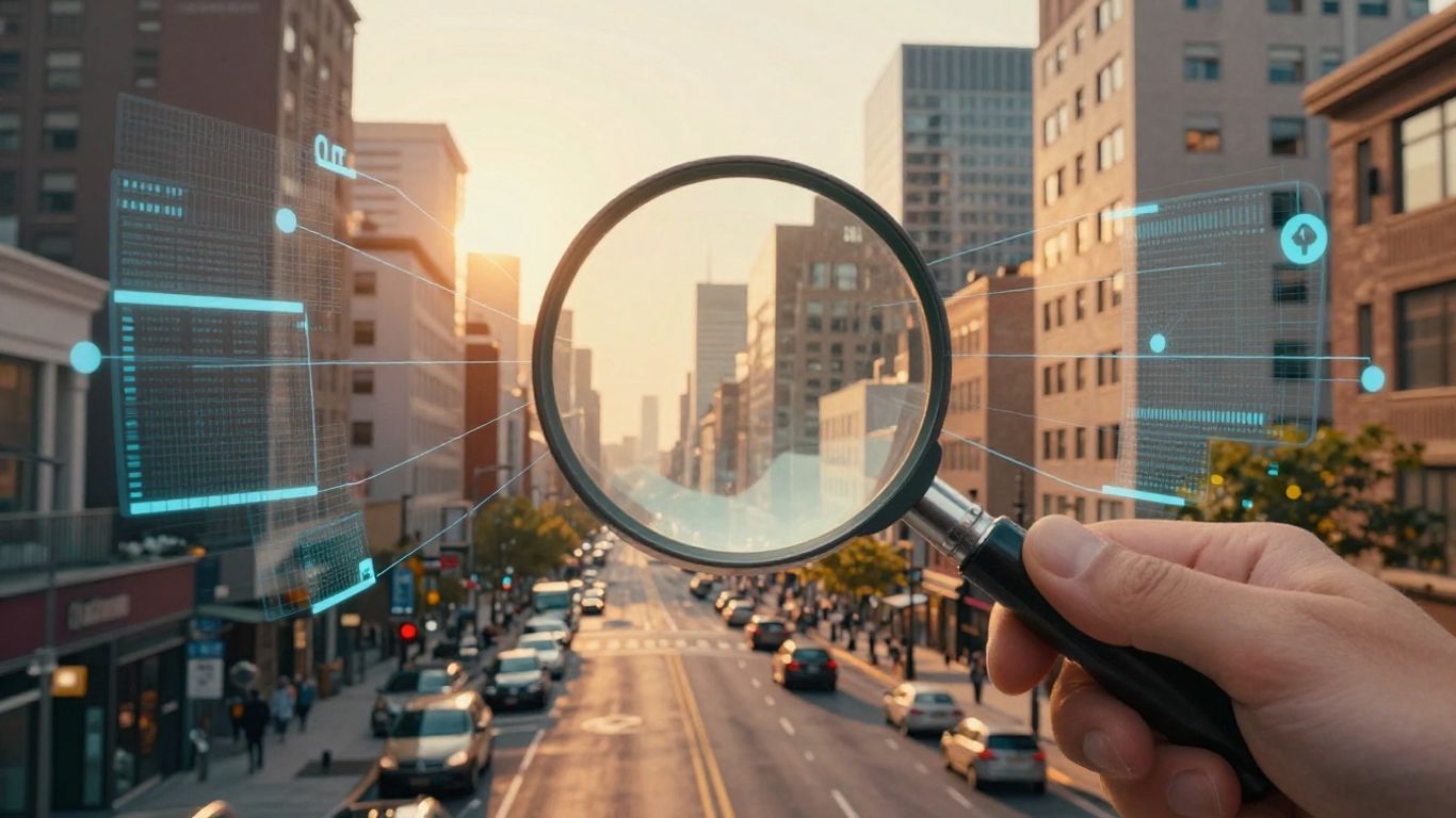 City map with magnifying glass focusing on a specific area.