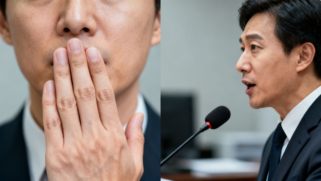 Person covering mouth and speaking into microphone during PR crisis.