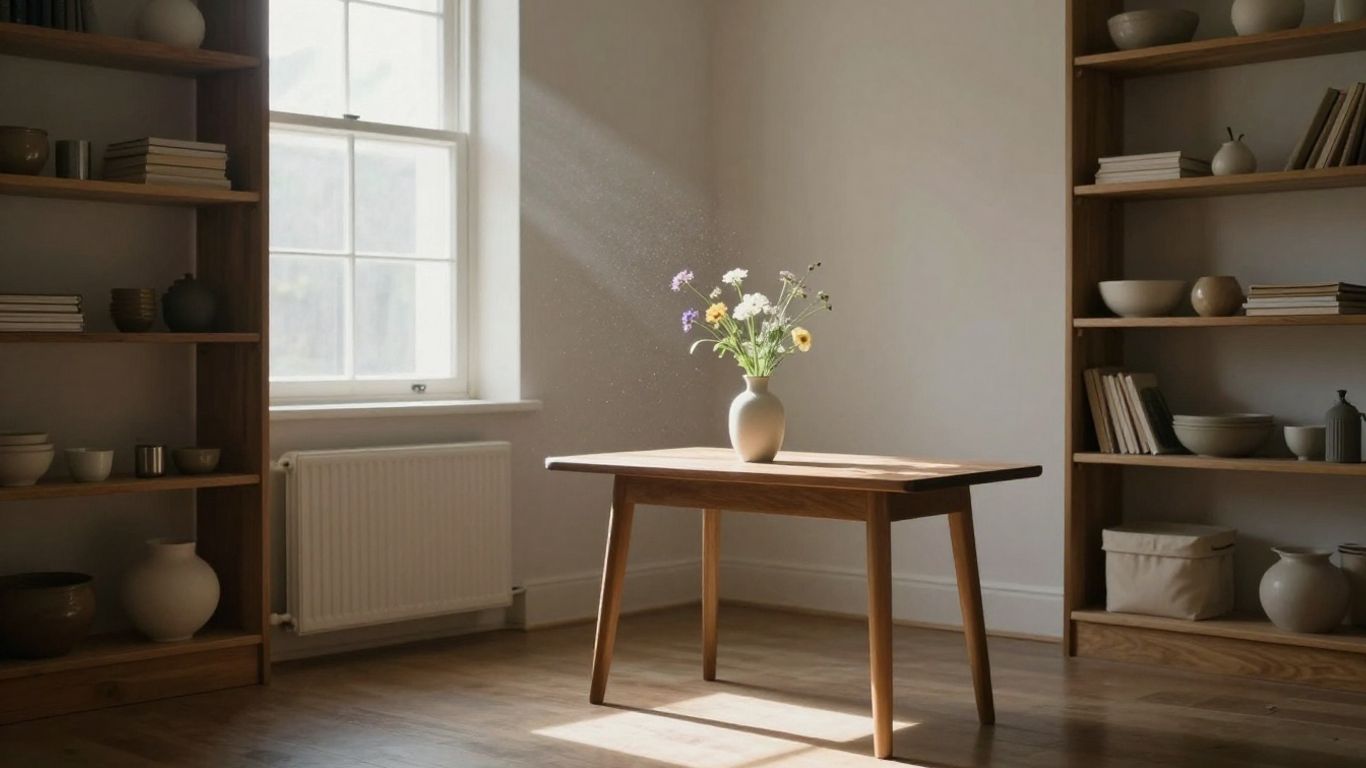 Minimalist room with organized shelves and sunlight.