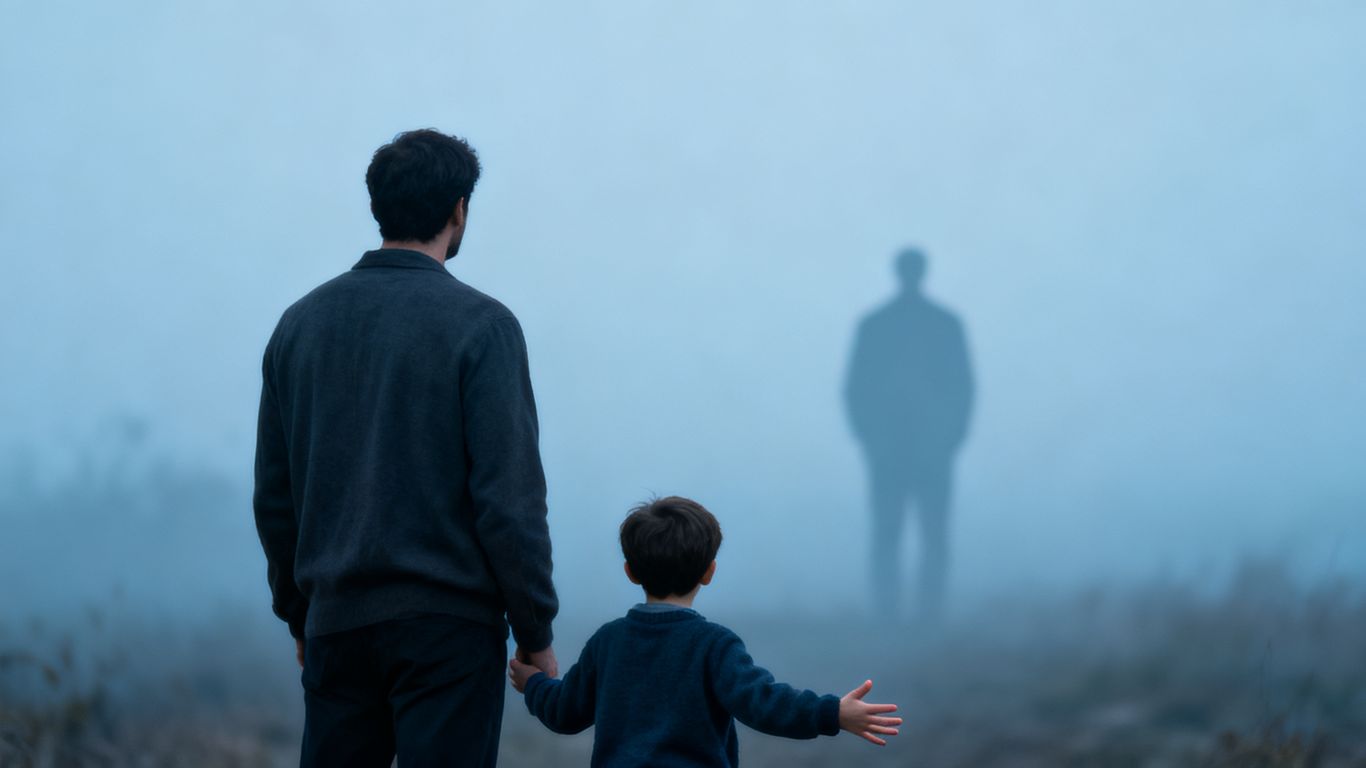 Man looking at father silhouette, childhood memories.