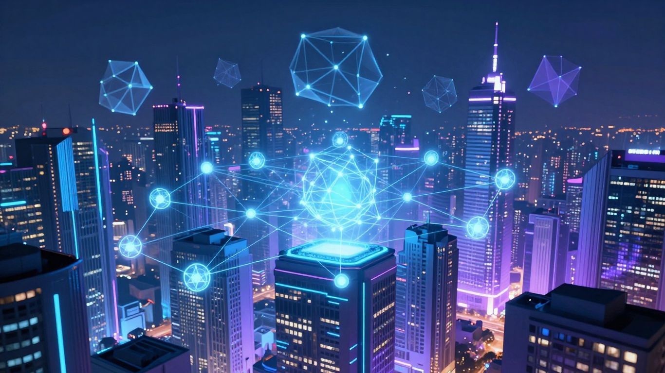 Futuristic digital cityscape with glowing blockchain connections.