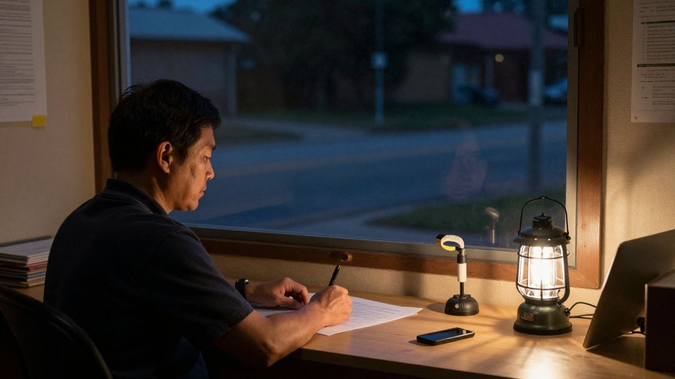 Business owner working during a power outage with lanterns.