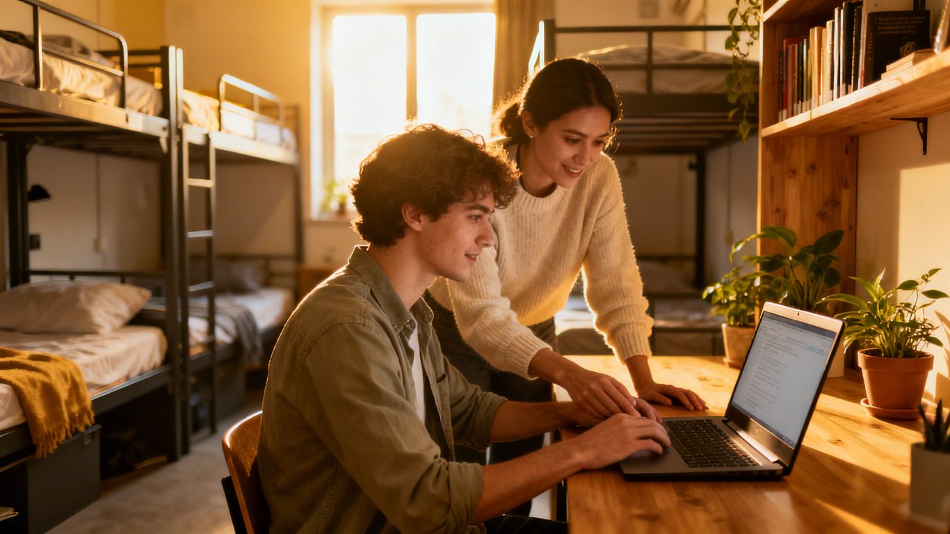 Staff member helping person with laptop in hostel.