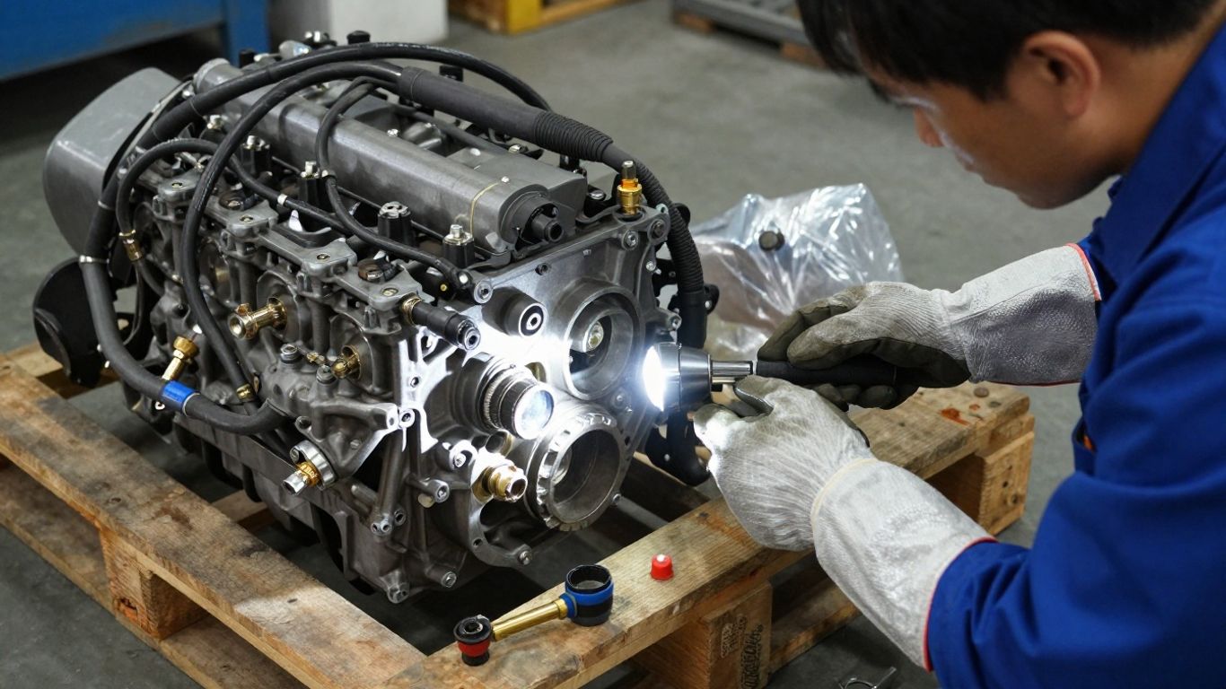 Mechanic inspecting a palletized replacement engine